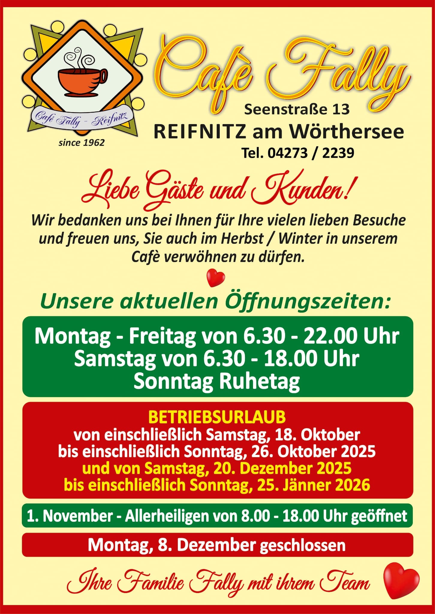 Öffnungszeiten Herbst/Winter 2025